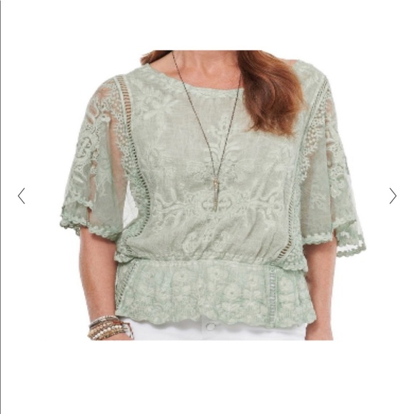 Democracy Tops - Democracy Boho Sage Butterfly Lace Embroidered Top